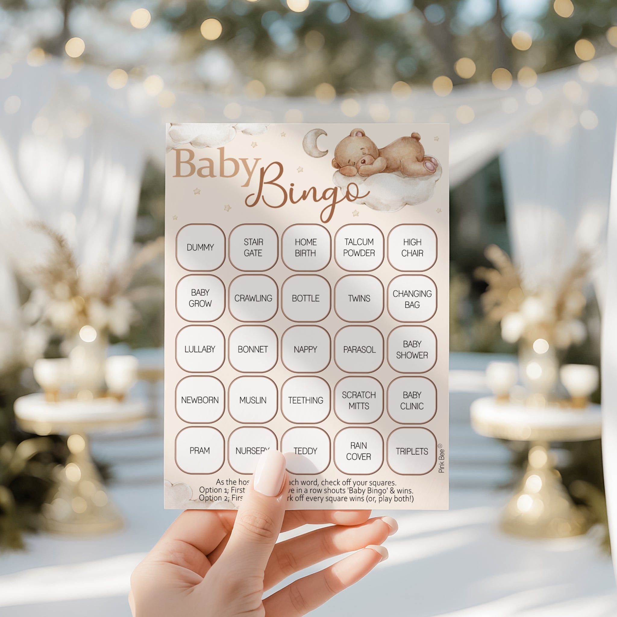 Pack contents for Teddy Bear Baby Shower Bingo showing bingo cards, 60 perforated calling cards and available pack sizes for 10, 20 and 40 guests.
