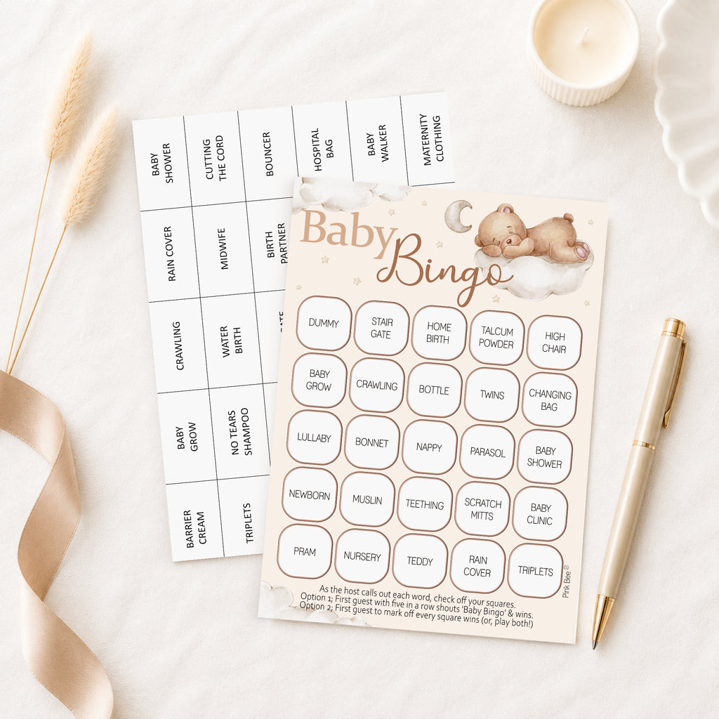 Guest playing Teddy Bear Baby Shower Bingo during a baby shower using premium large bingo card and pen.
