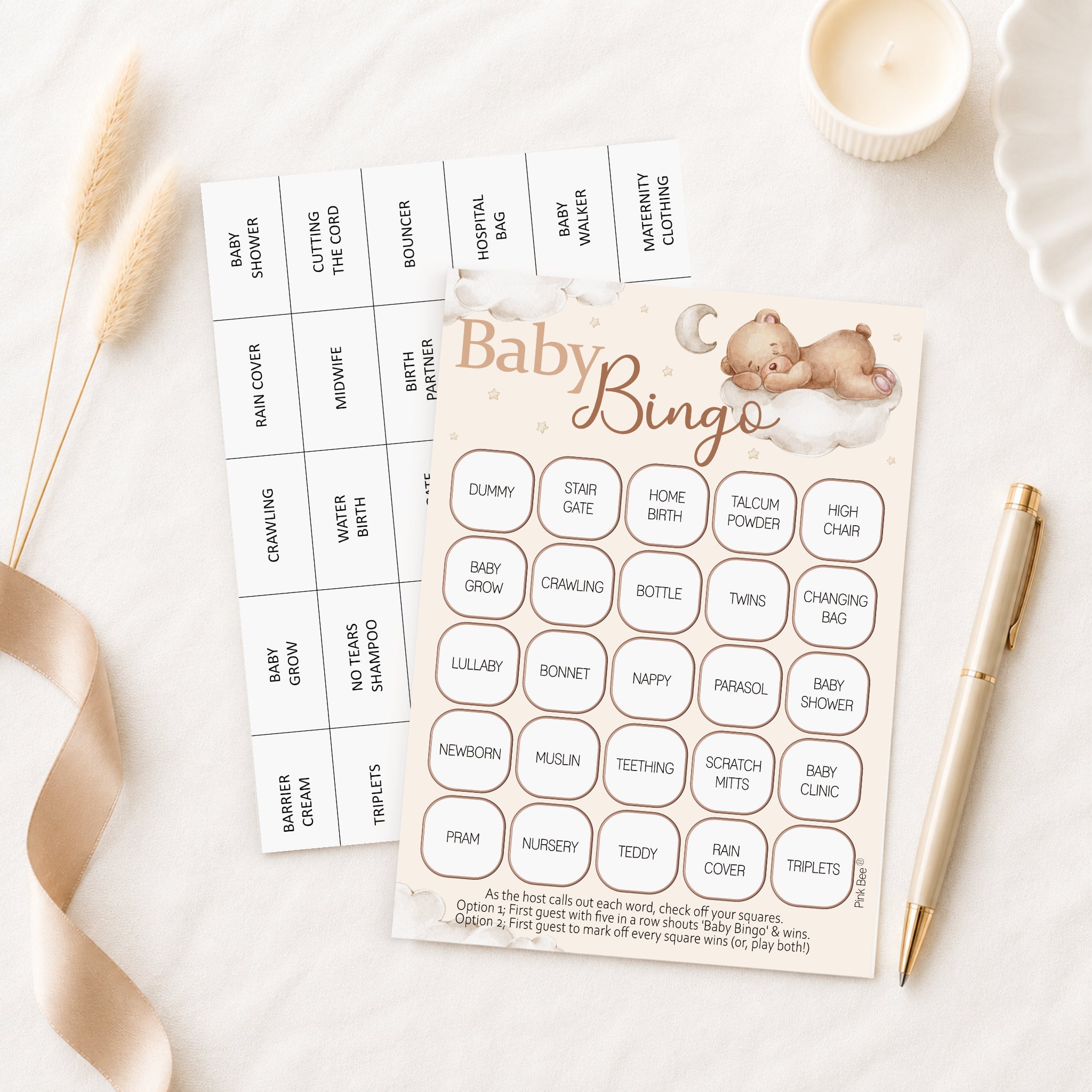 Guest playing Teddy Bear Baby Shower Bingo during a baby shower using premium large bingo card and pen.