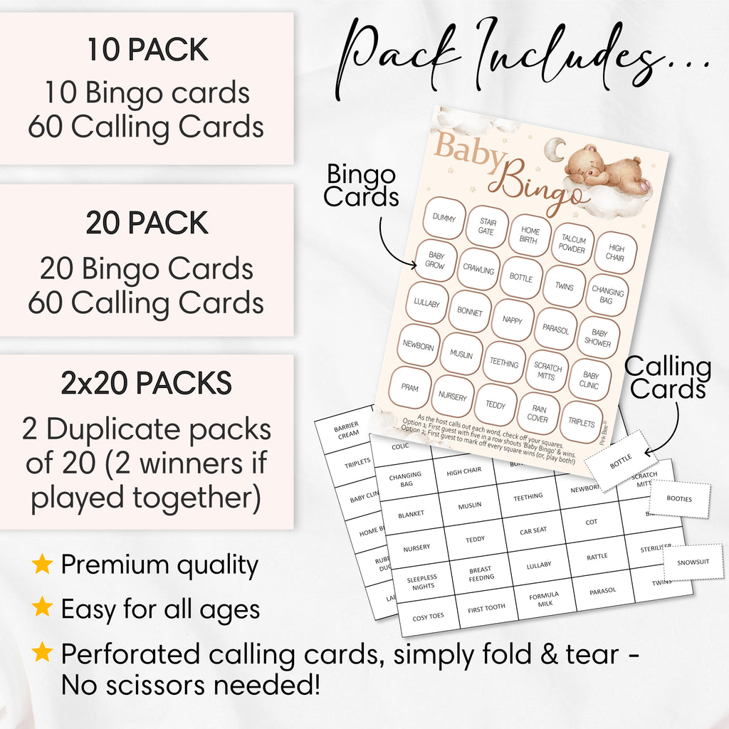 Large Teddy Bear Baby Shower Bingo card measuring 12.5 × 17.5 cm (5 × 7 inches) with comparison showing oversized easy-to-read game card.