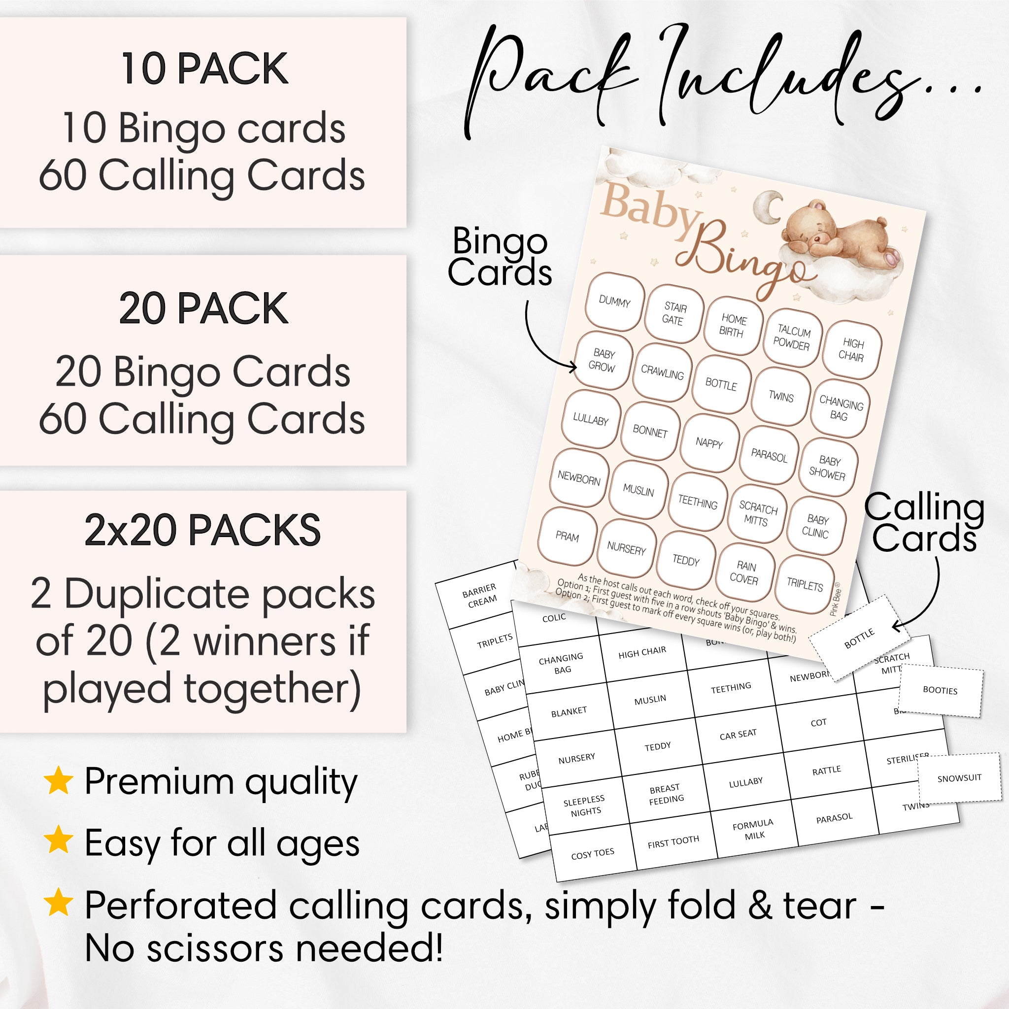 Large Teddy Bear Baby Shower Bingo card measuring 12.5 × 17.5 cm (5 × 7 inches) with comparison showing oversized easy-to-read game card.