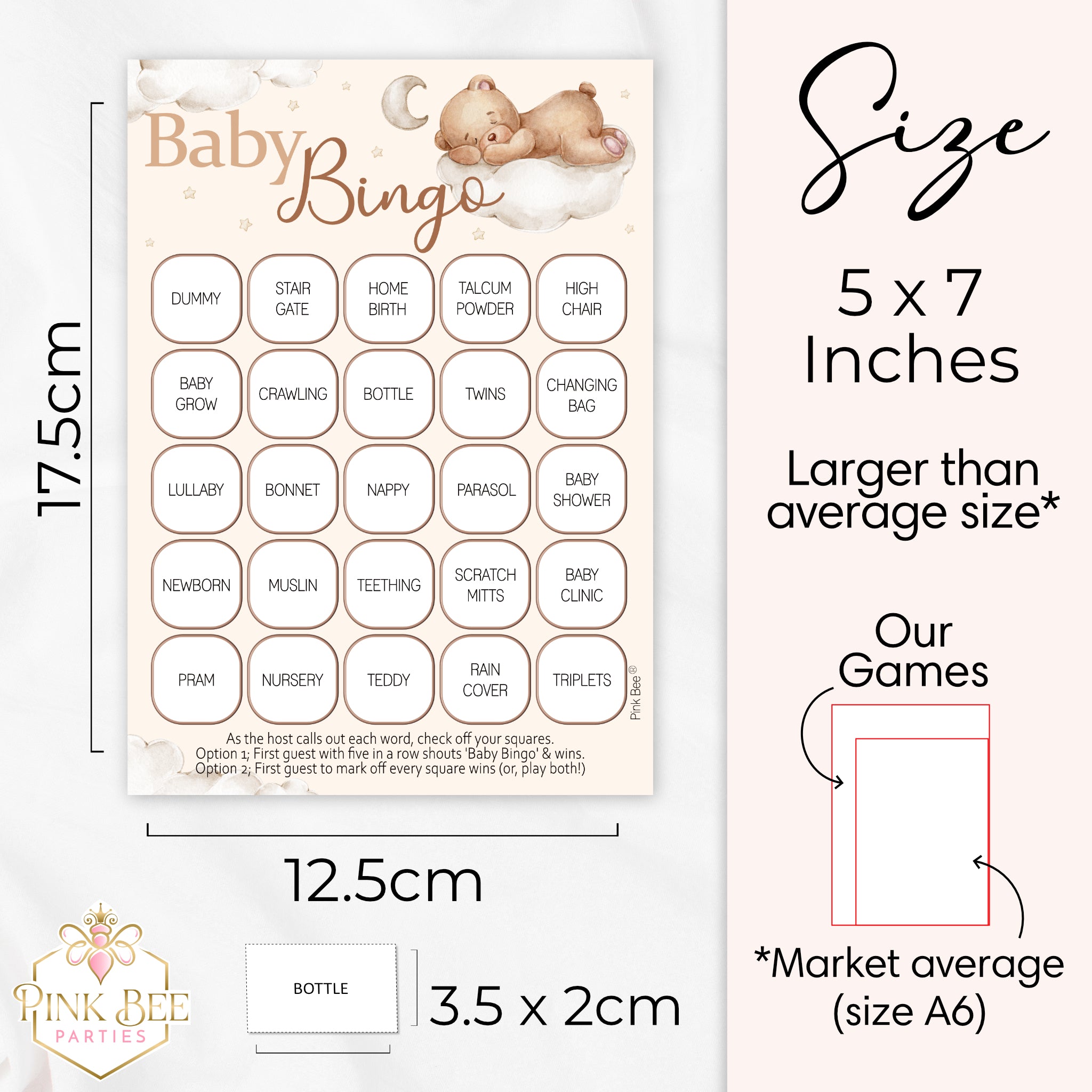 Premium Teddy Bear Baby Shower Bingo card with baby-themed calling cards printed in Britain on FSC and PEFC certified sustainable card stock.