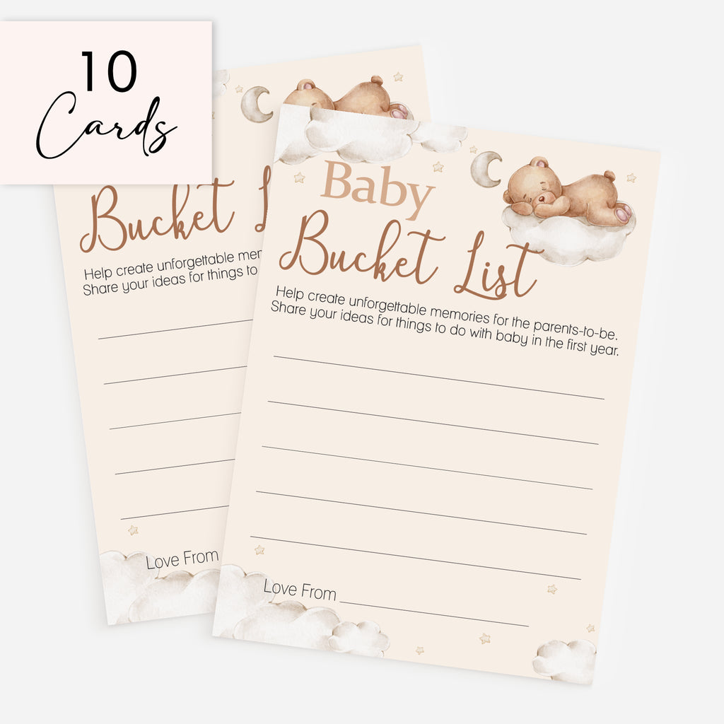 Teddy Bear Baby Shower Bucket List Cards pack of 10, neutral keepsake activity cards for guests, professionally printed in the UK