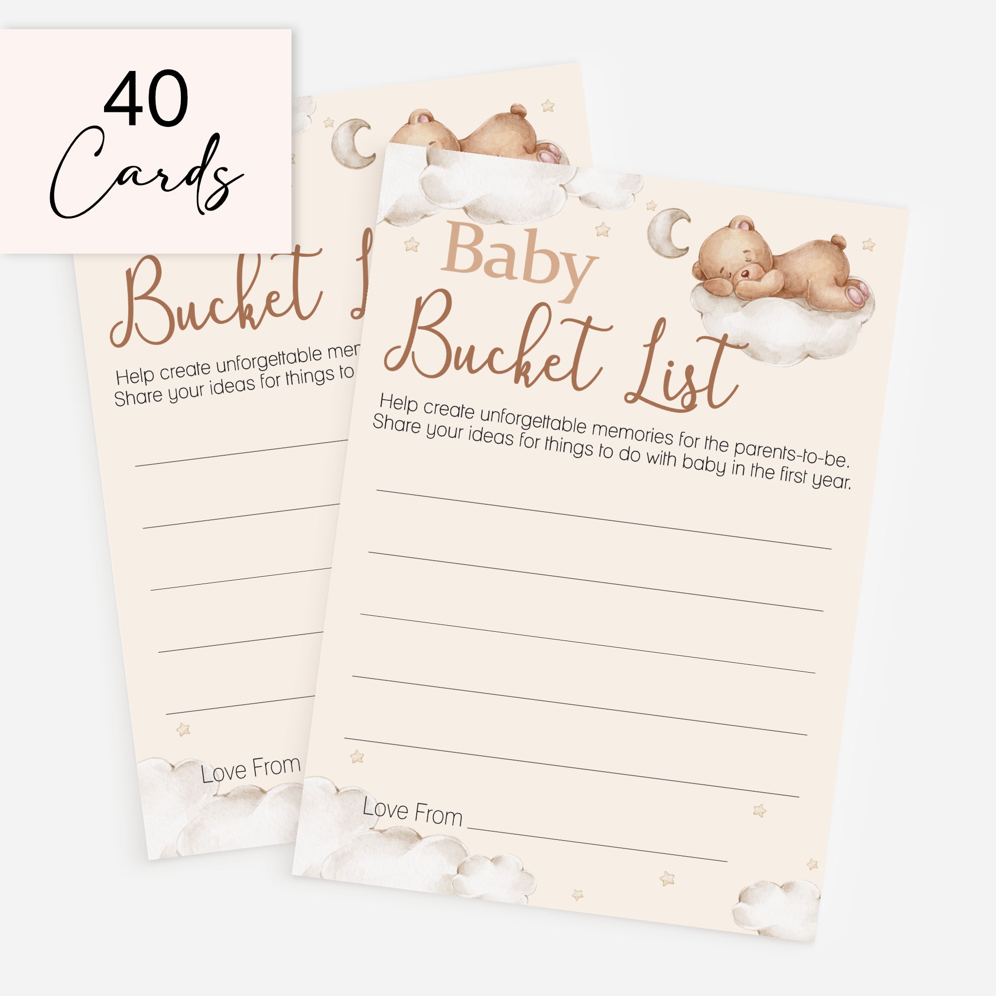 Teddy Bear Baby Shower Bucket List Cards pack of 40, premium baby shower keepsake cards for guests and parents-to-be.