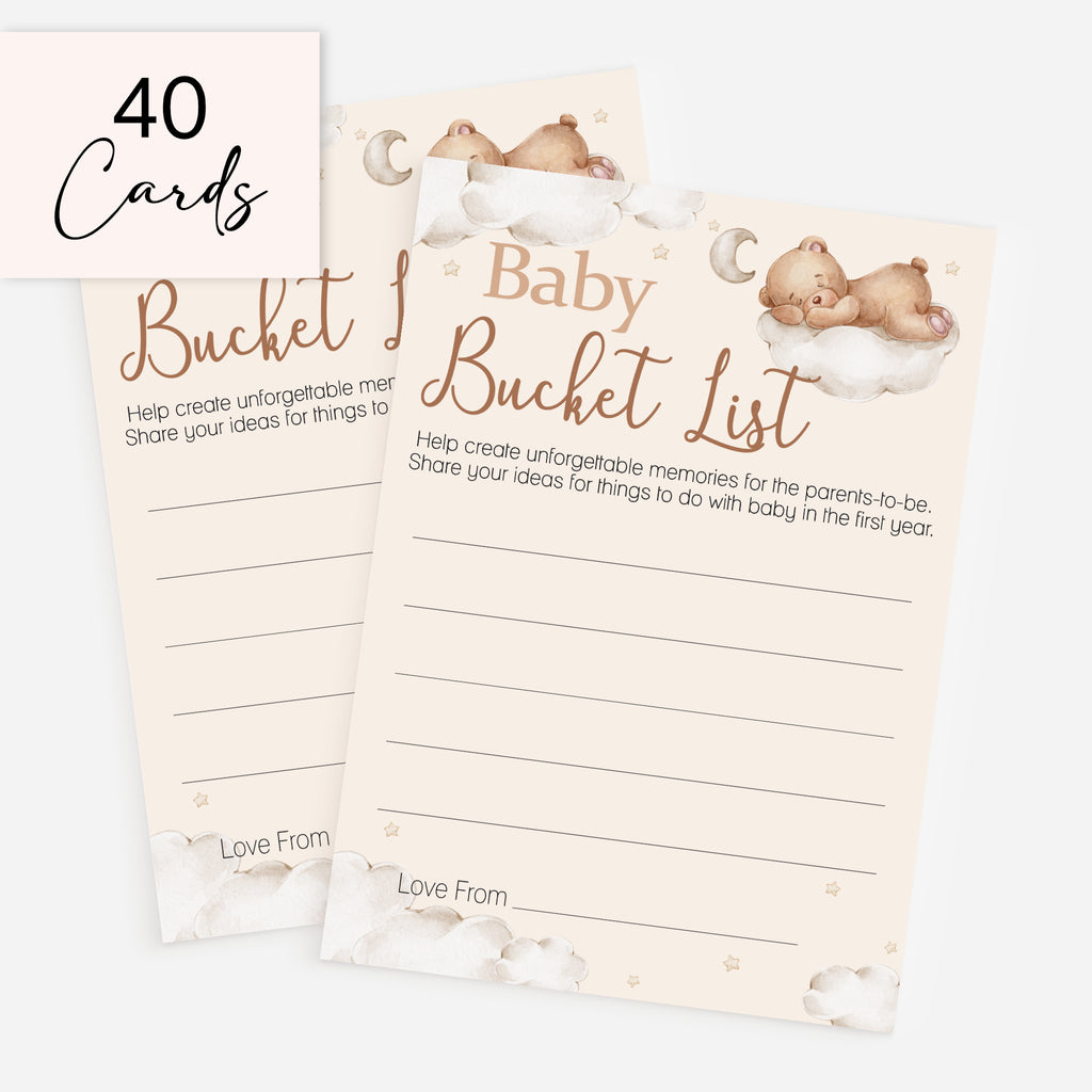 Pack of 40 teddy bear themed baby shower bucket list keepsake cards A6 memory activity for baby showers