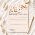 Teddy bear baby shower bucket list keepsake card displayed with luxury stationery showing premium quality A6 guest activity card