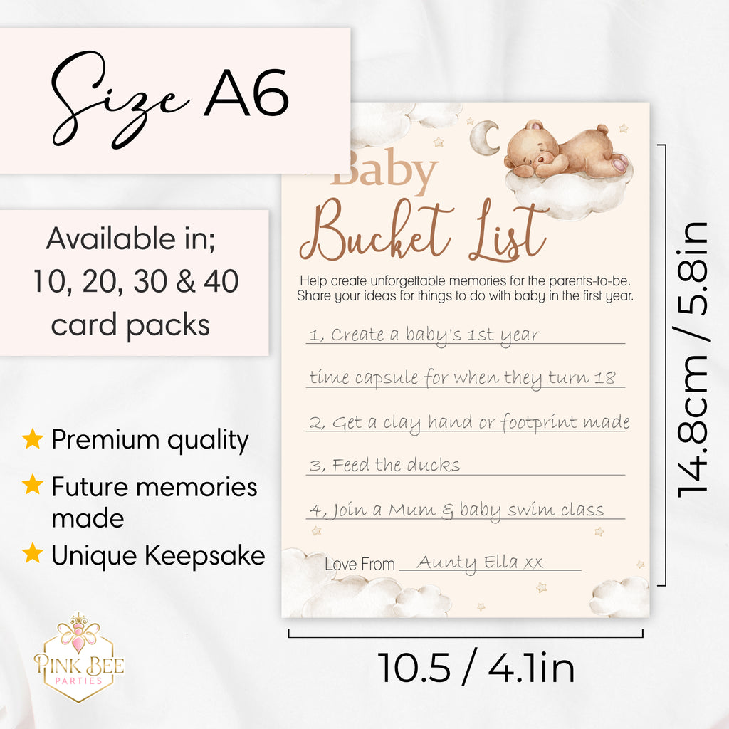Teddy Bear Baby Shower Bucket List Cards A6 size guide showing dimensions, pack sizes and premium keepsake card details.