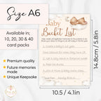 Teddy Bear Baby Shower Bucket List Cards A6 size guide showing dimensions, pack sizes and premium keepsake card details.