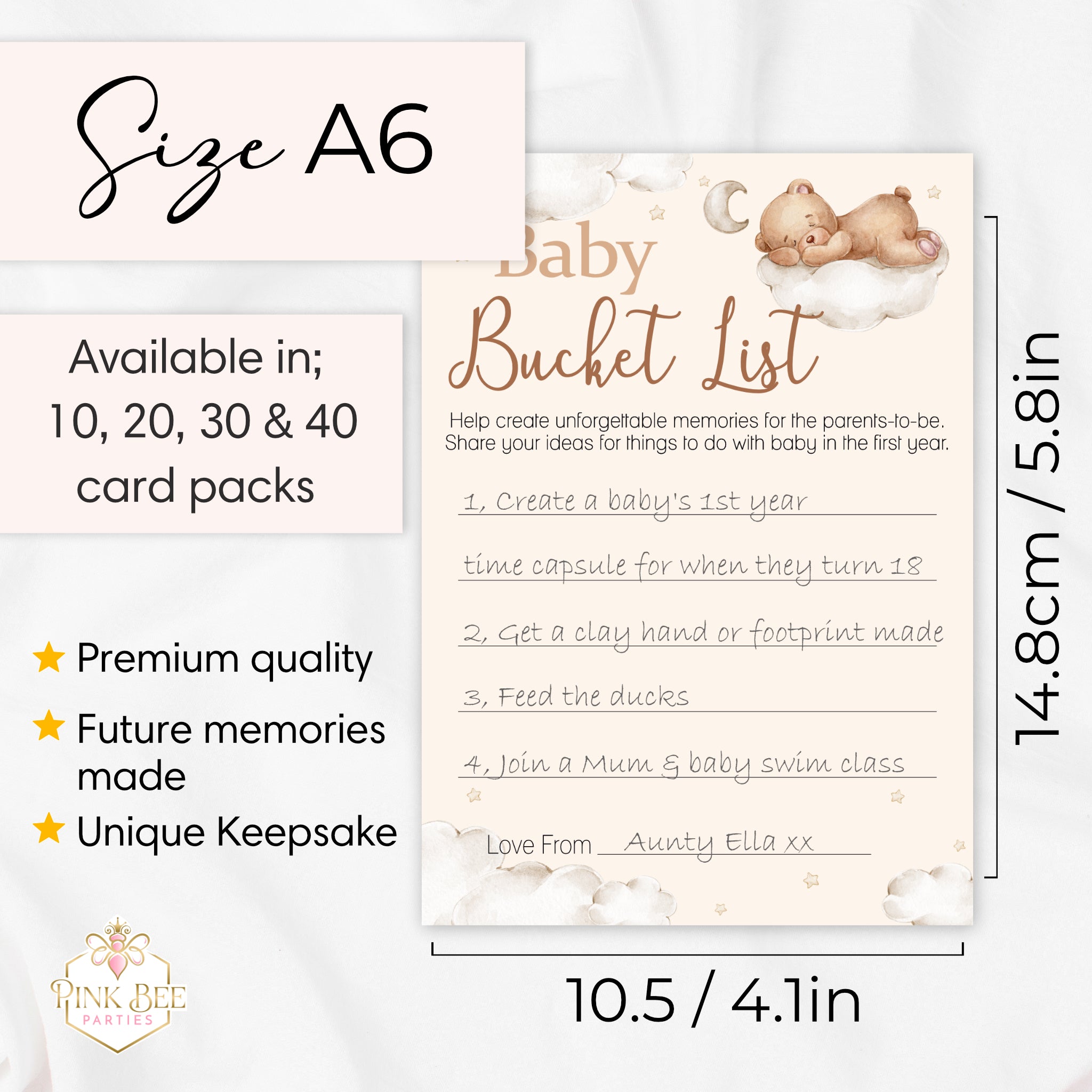 Teddy Bear Baby Shower Bucket List Cards A6 size guide showing dimensions, pack sizes and premium keepsake card details.