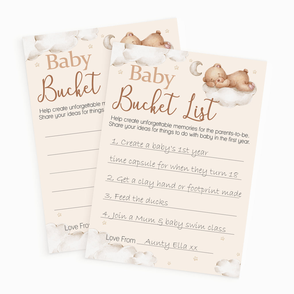 Teddy Bear Baby Shower Bucket List keepsake cards for guests, neutral baby shower activity with completed example card.