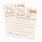 Teddy Bear Baby Shower Bucket List keepsake cards for guests, neutral baby shower activity with completed example card.
