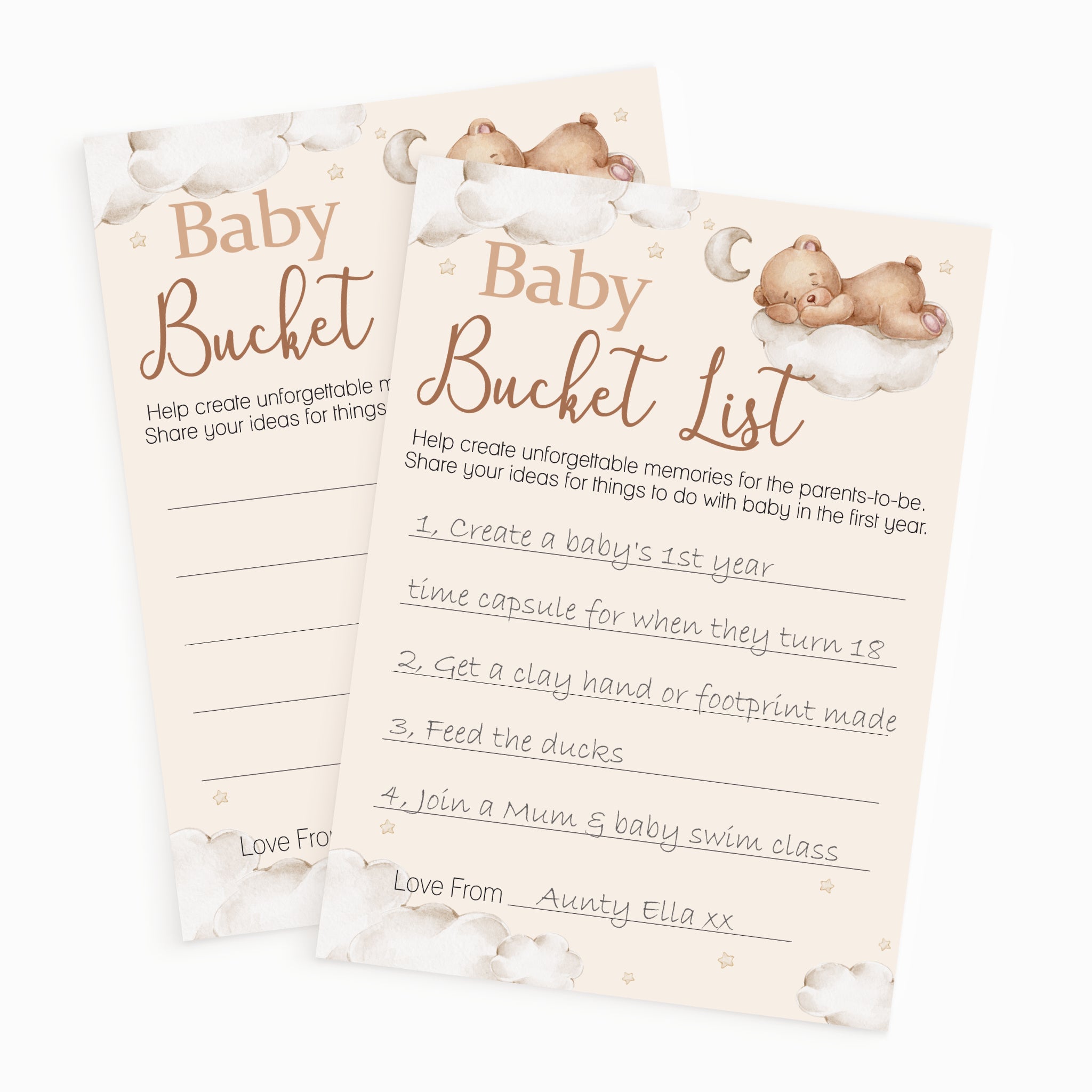 Teddy Bear Baby Shower Bucket List keepsake cards for guests, neutral baby shower activity with completed example card.