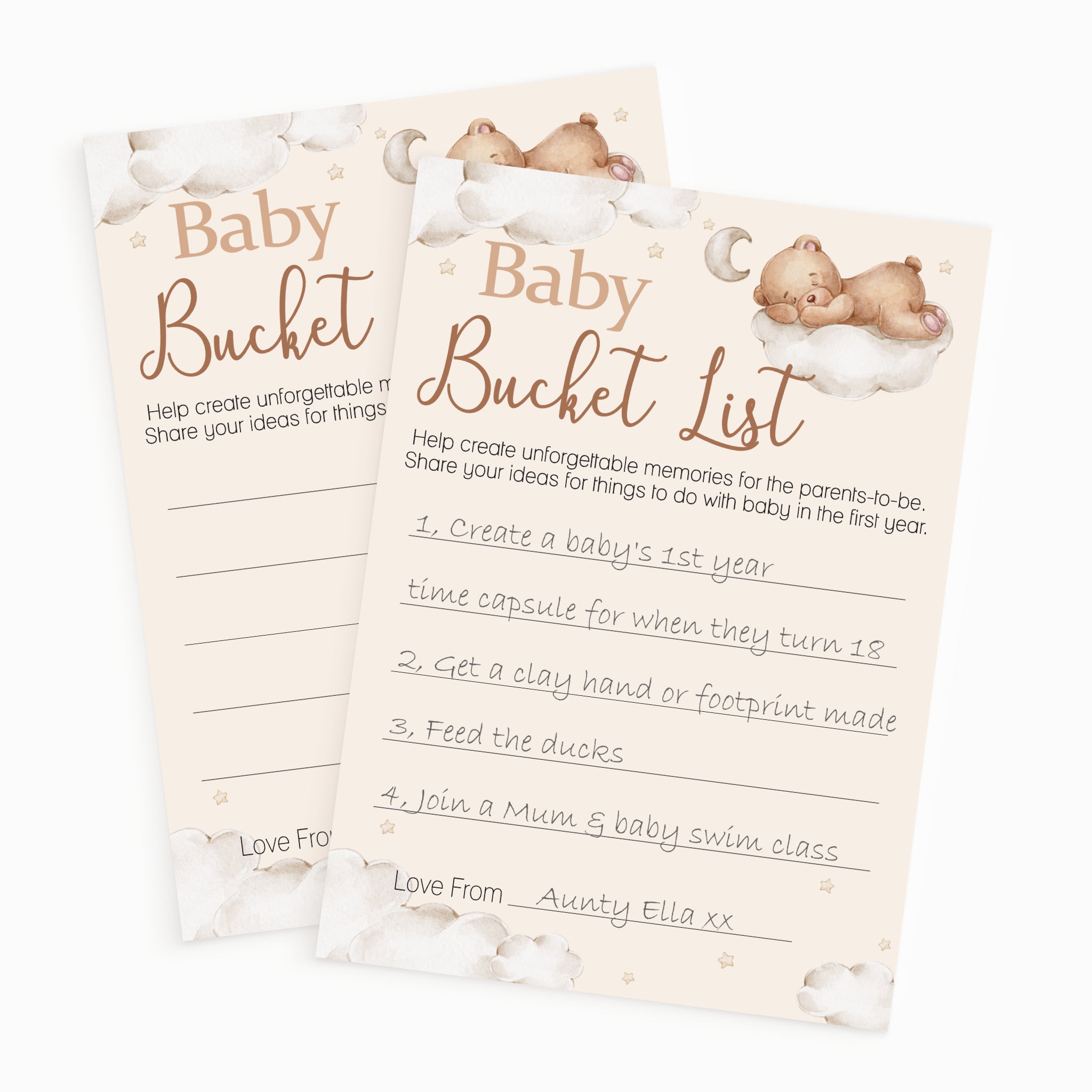 Teddy bear baby shower bucket list keepsake cards blank and completed examples showing guest activity cards for baby shower memories