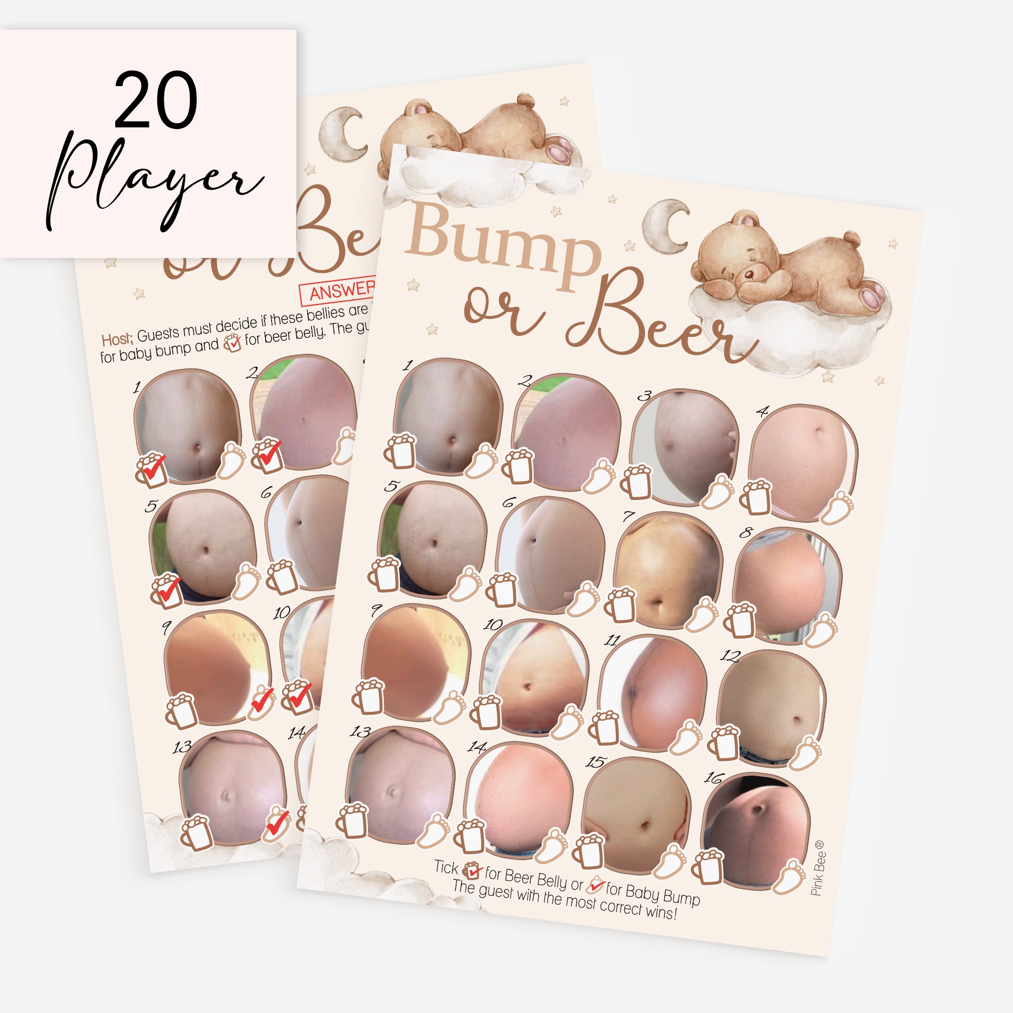 Teddy Bear Bump or Beer baby shower game 20 player pack including answer card