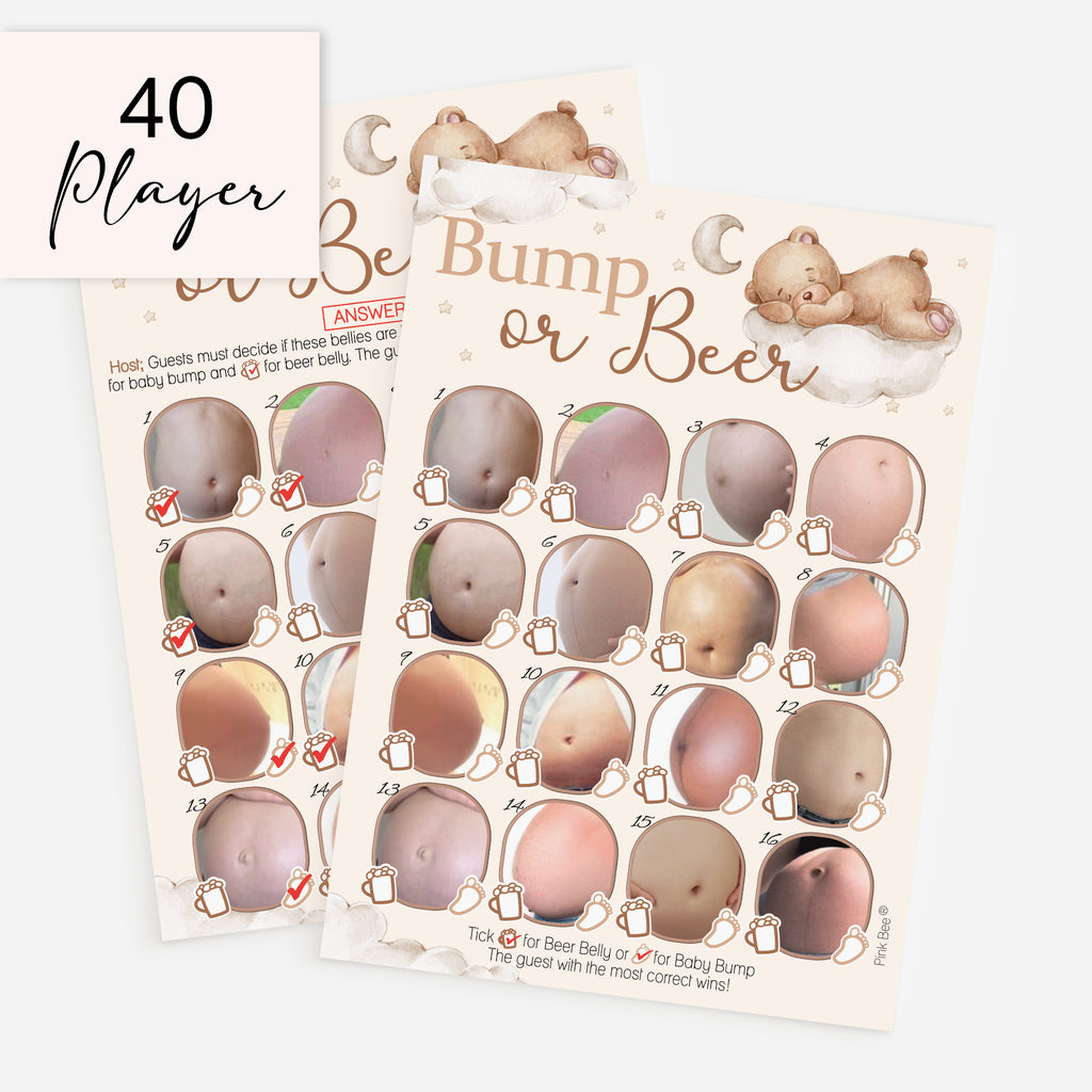 Teddy Bear themed Bump or Beer baby shower game 40 player pack with answer card included