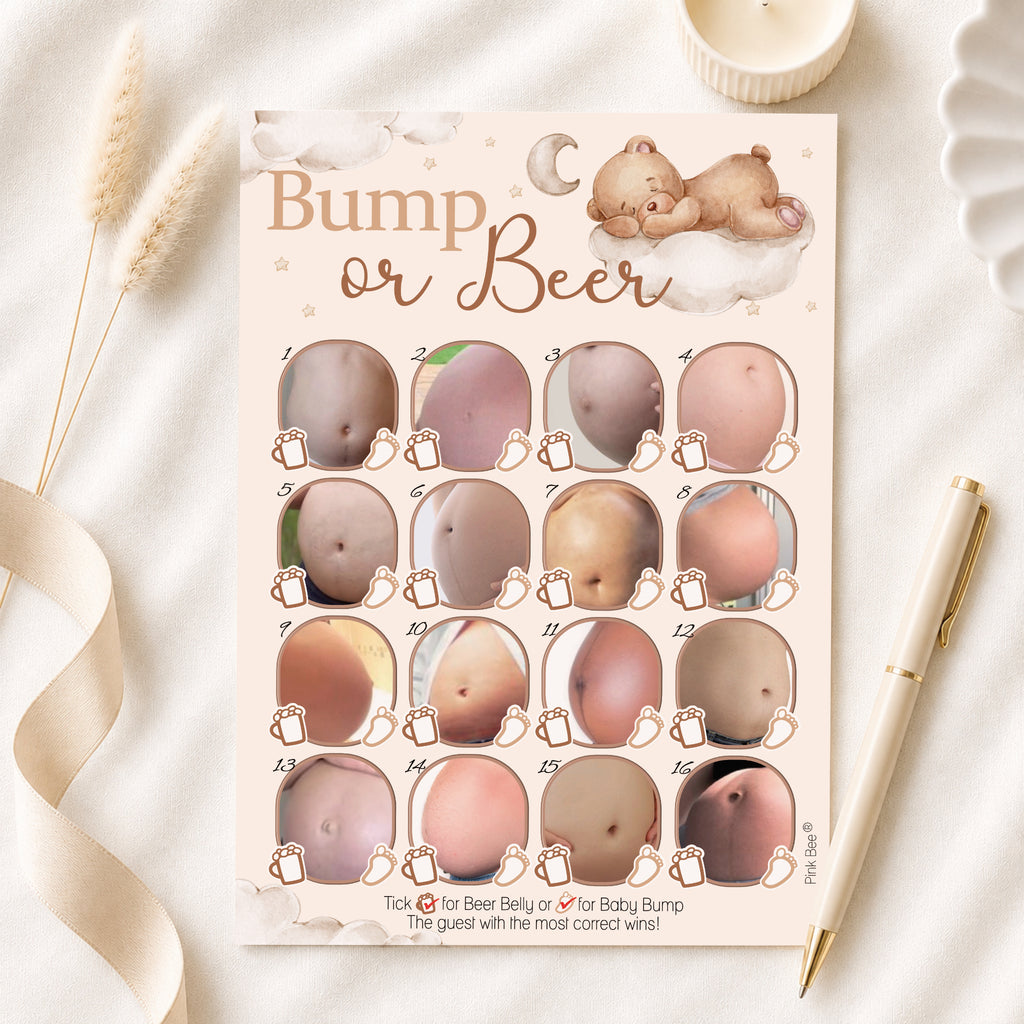 Premium Teddy Bear Bump or Beer baby shower game card on neutral flat lay with pen ready to play