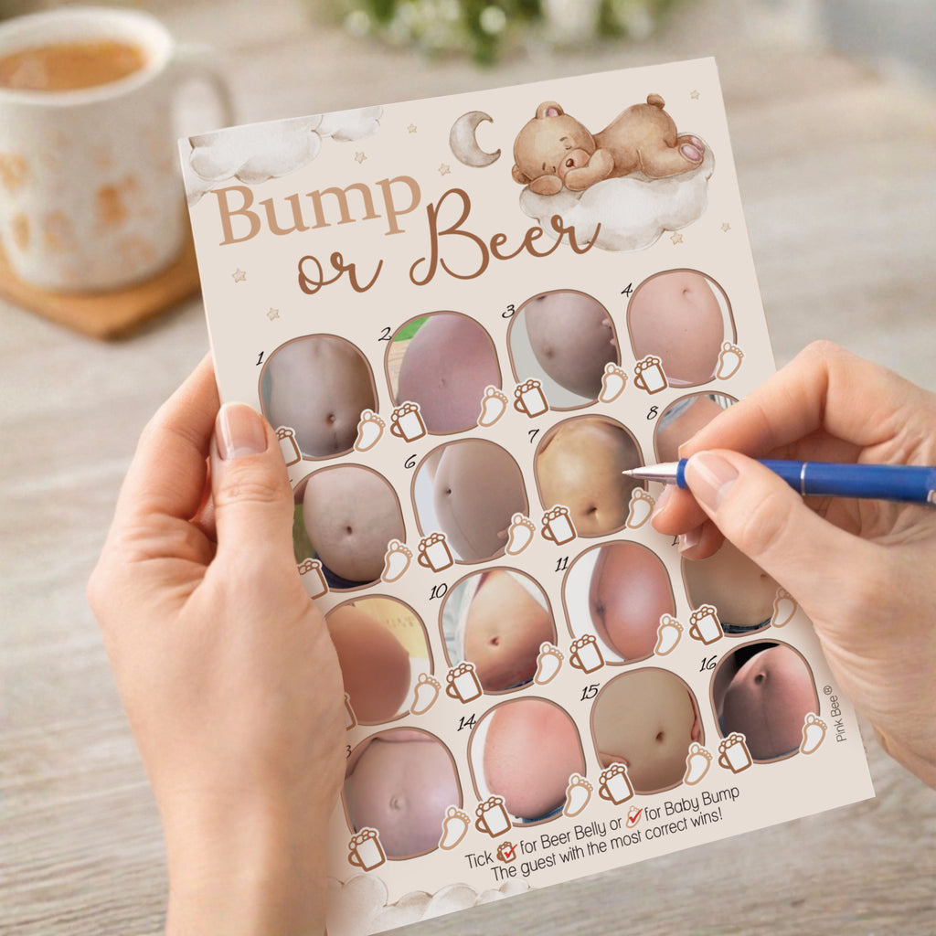 Guest playing Teddy Bear Bump or Beer baby shower picture quiz by marking answers on game card