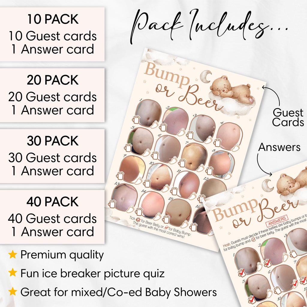What's included with Teddy Bear Bump or Beer baby shower game showing guest cards, answer card and pack sizes