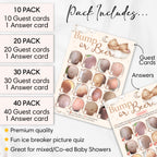 What's included with Teddy Bear Bump or Beer baby shower game showing guest cards, answer card and pack sizes