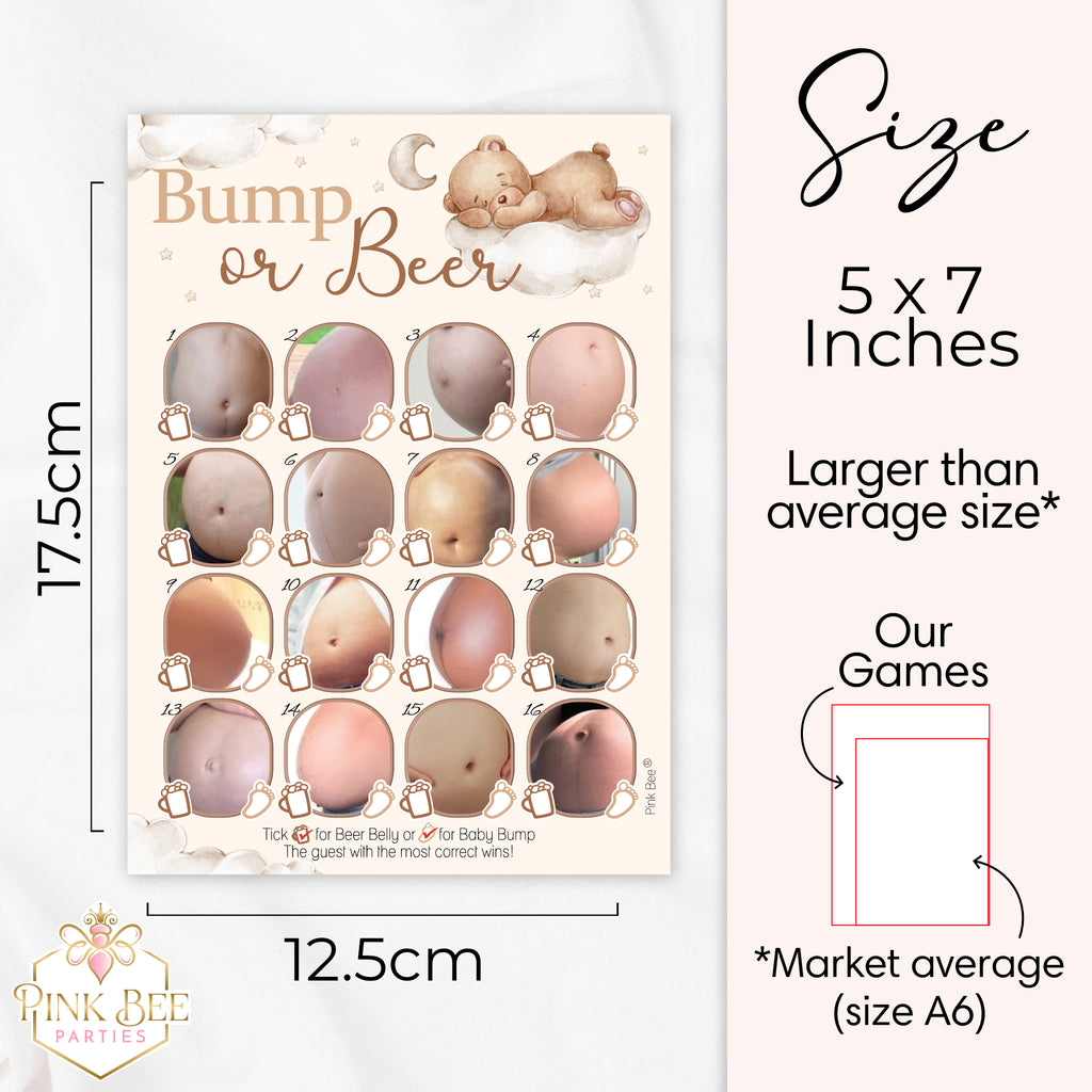 Size guide showing Teddy Bear Bump or Beer baby shower game measuring 12.5 × 17.5cm (5 × 7 inches)