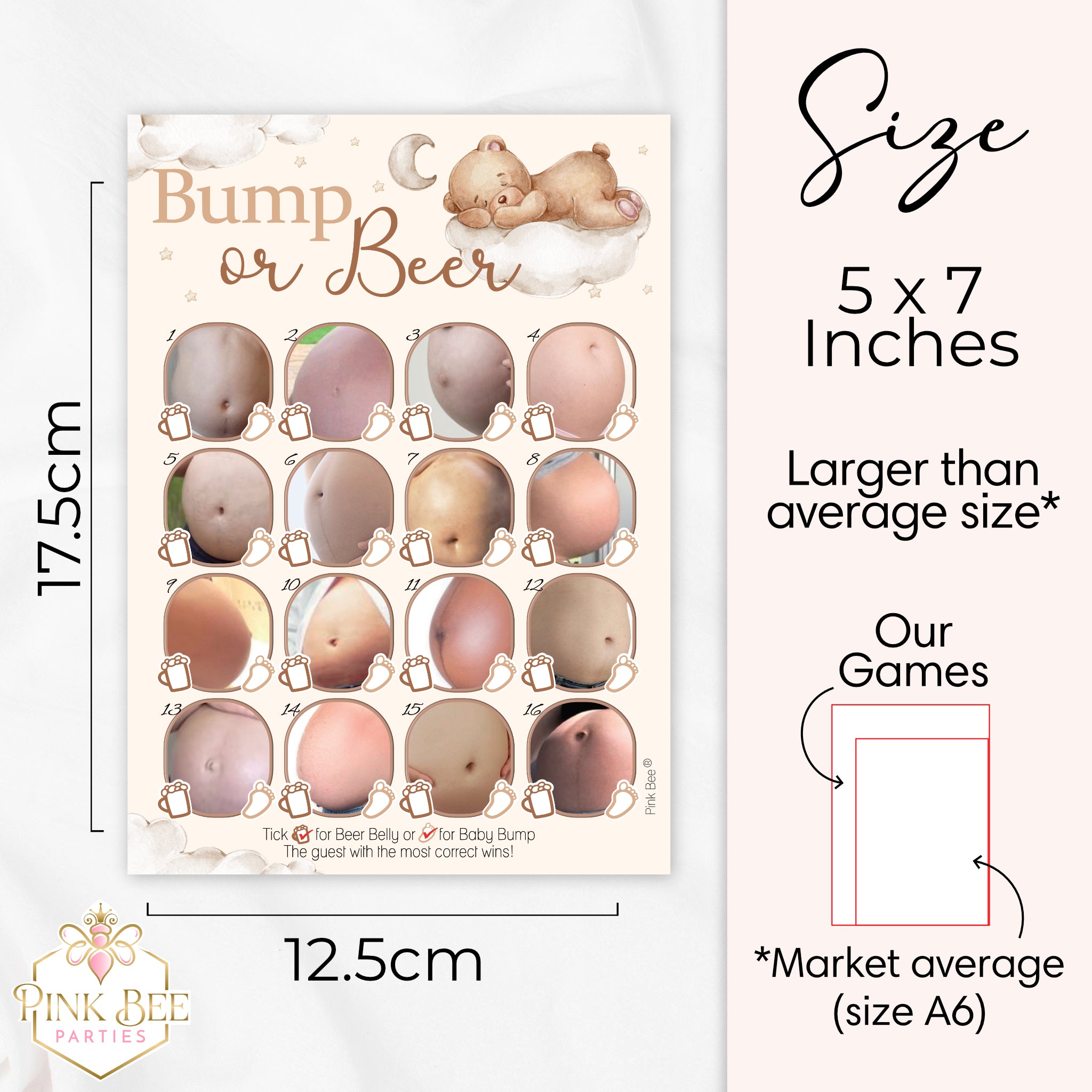 Size guide showing Teddy Bear Bump or Beer baby shower game measuring 12.5 × 17.5cm (5 × 7 inches)