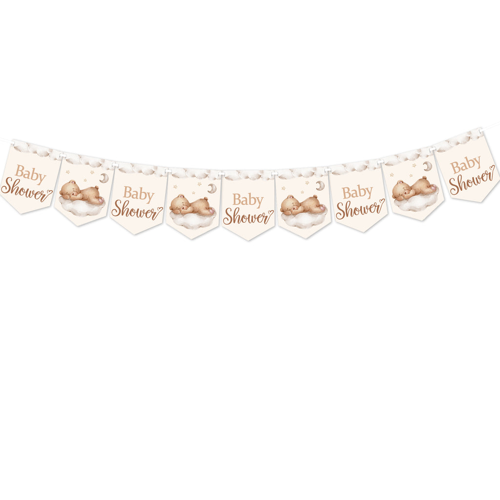 Single teddy bear baby shower banner with nine alternating Baby Shower and teddy bear flags on white background.
