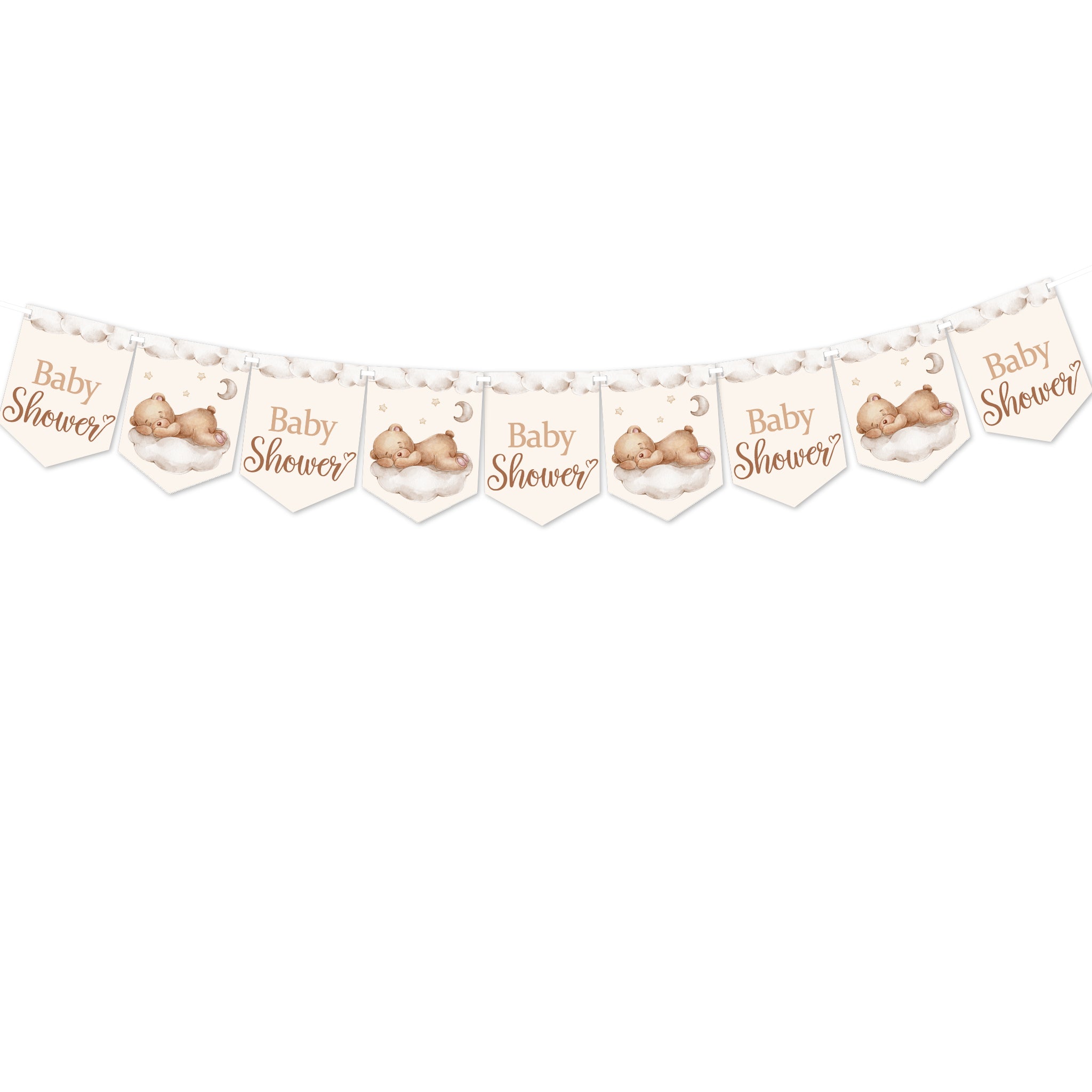 Single teddy bear baby shower banner with nine alternating Baby Shower and teddy bear flags on white background.