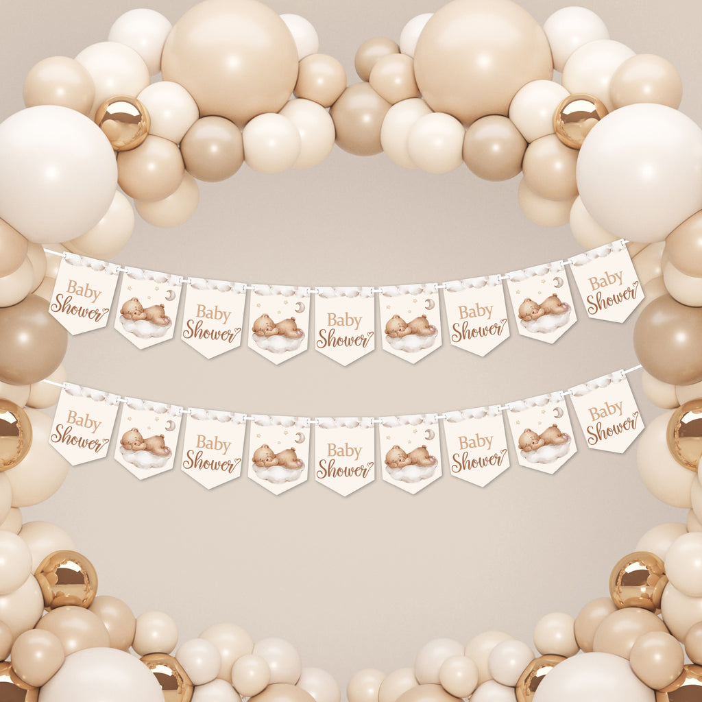 Twin pack teddy bear baby shower banner showing two matching 9 flag bunting decorations.
