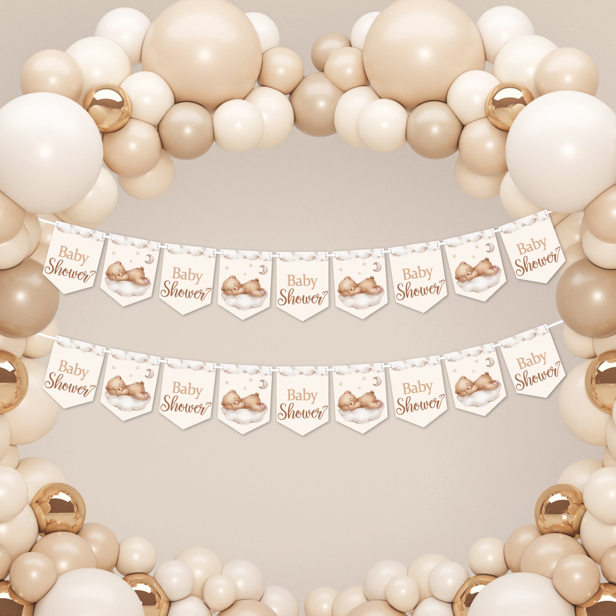 Twin pack teddy bear baby shower banner showing two matching 9 flag bunting decorations.