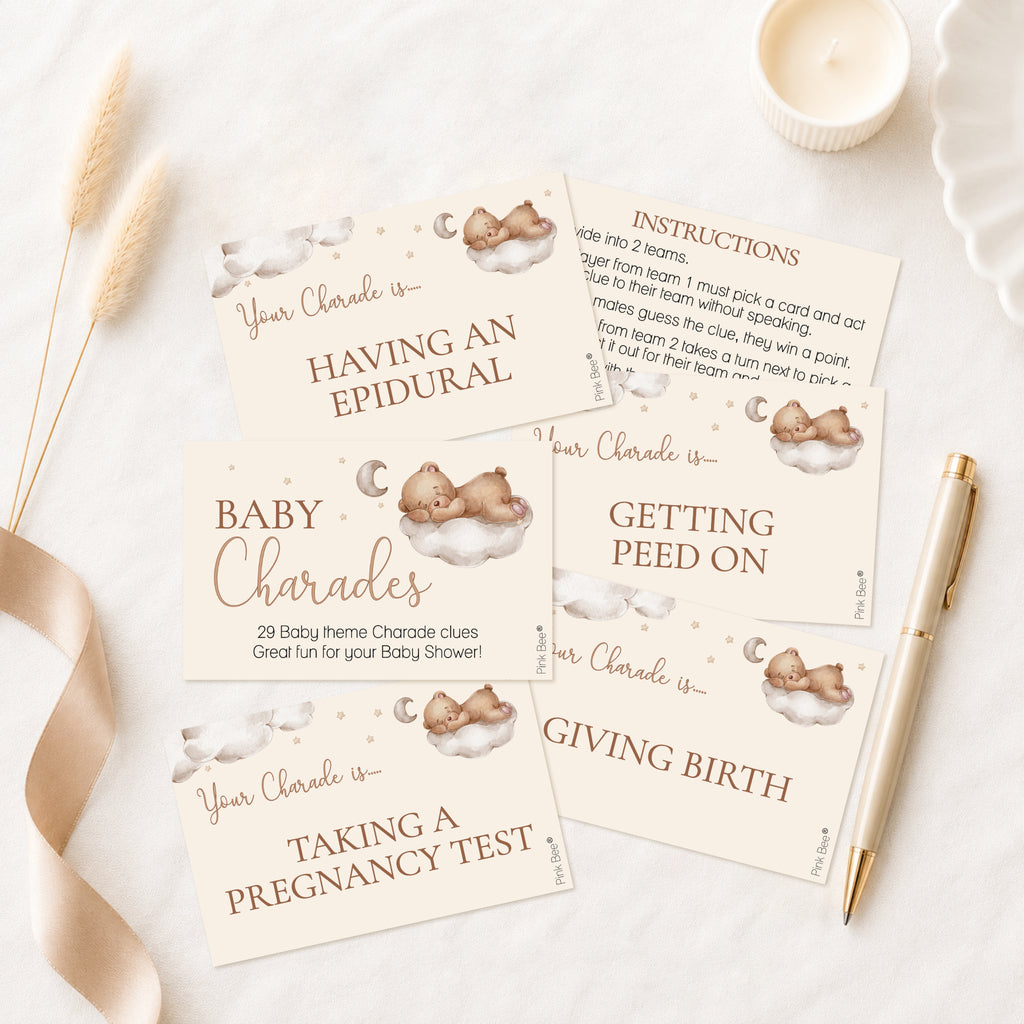 Teddy bear themed baby shower charades game including clue cards, cover card and instructions on premium printed card.