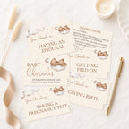 Teddy bear themed baby shower charades game including clue cards, cover card and instructions on premium printed card.