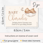 Size guide showing teddy bear baby shower charades clue card measuring 8.5 cm x 5.5 cm with instructions on reverse.
