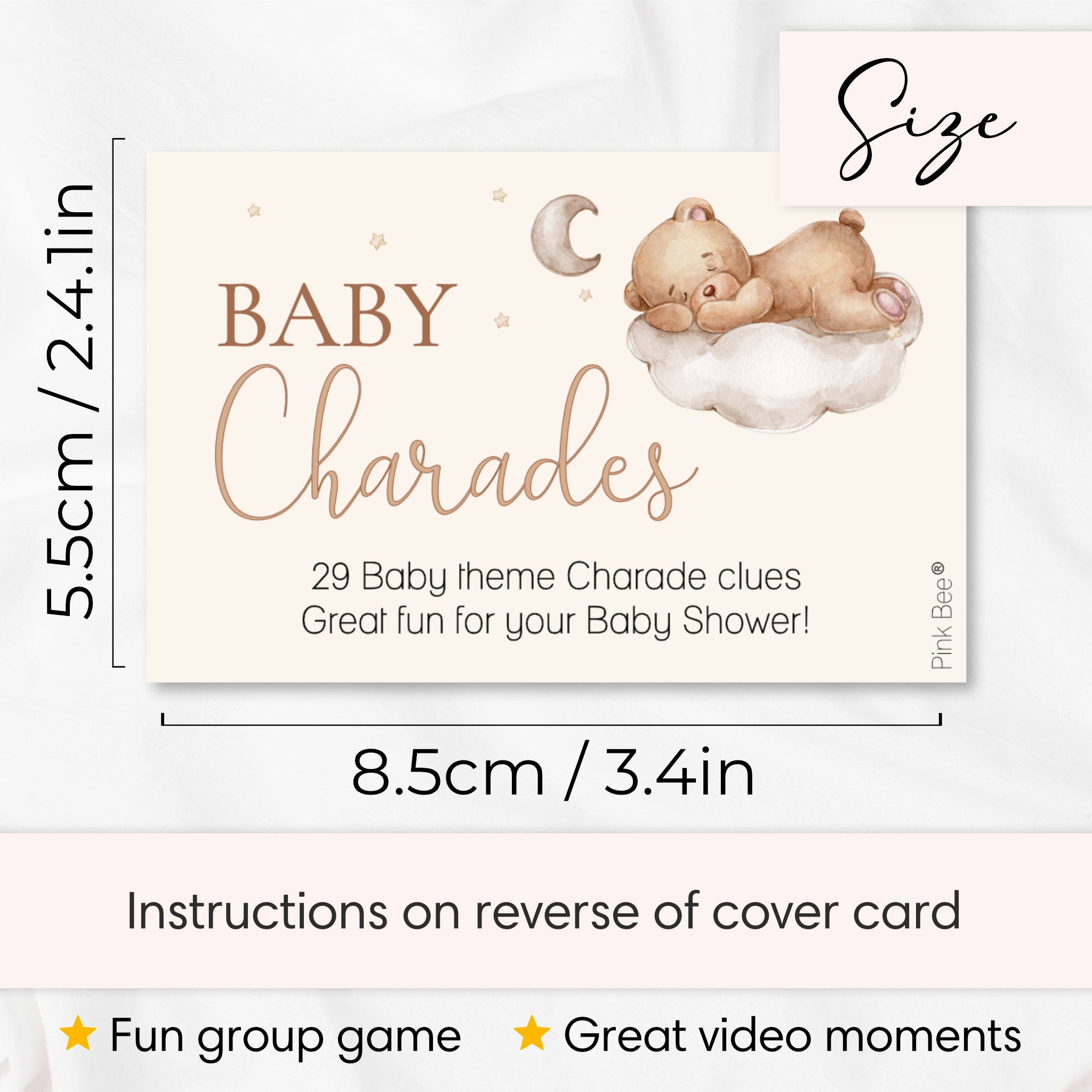 Size guide showing teddy bear baby shower charades clue card measuring 8.5 cm x 5.5 cm with instructions on reverse.