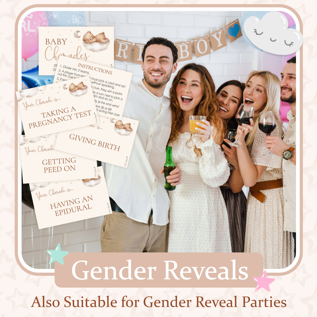 Teddy bear baby shower charades game featuring 29 baby-themed clue cards with neutral teddy bear artwork for baby shower entertainment.