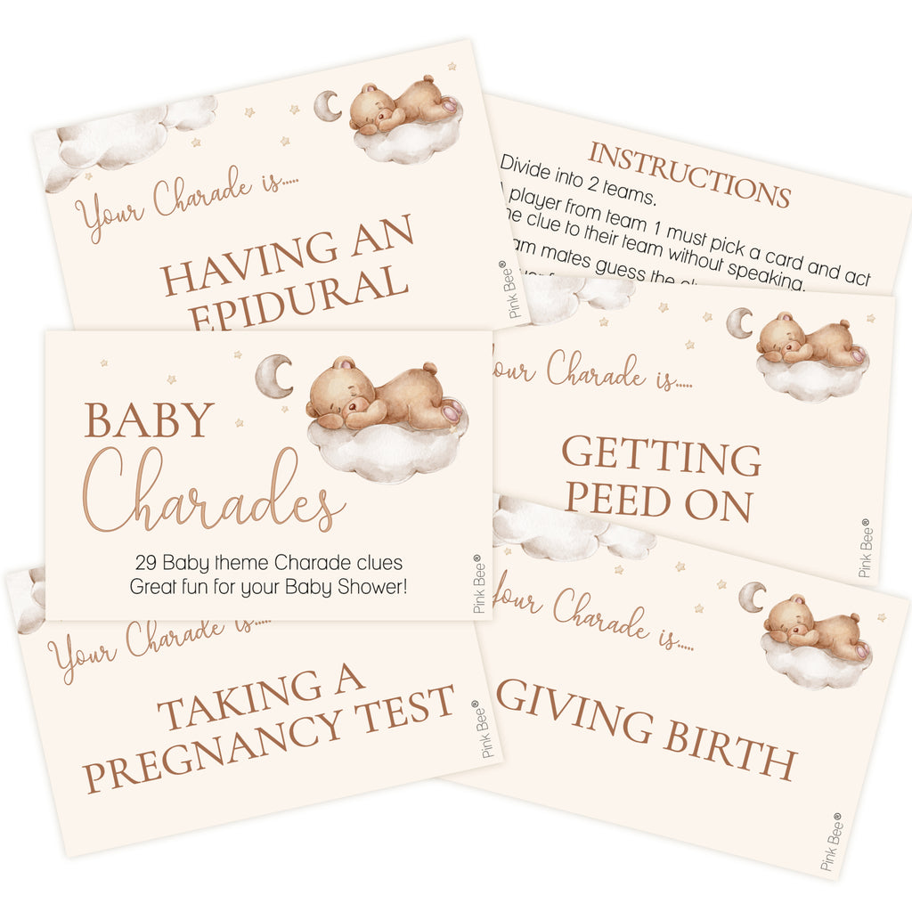 A set of baby shower charades cards with a soft cream background, brown text, and watercolor illustrations of a baby sleeping on a cloud next to a crescent moon. The cards are arranged in an overlapping fan layout on a white background.