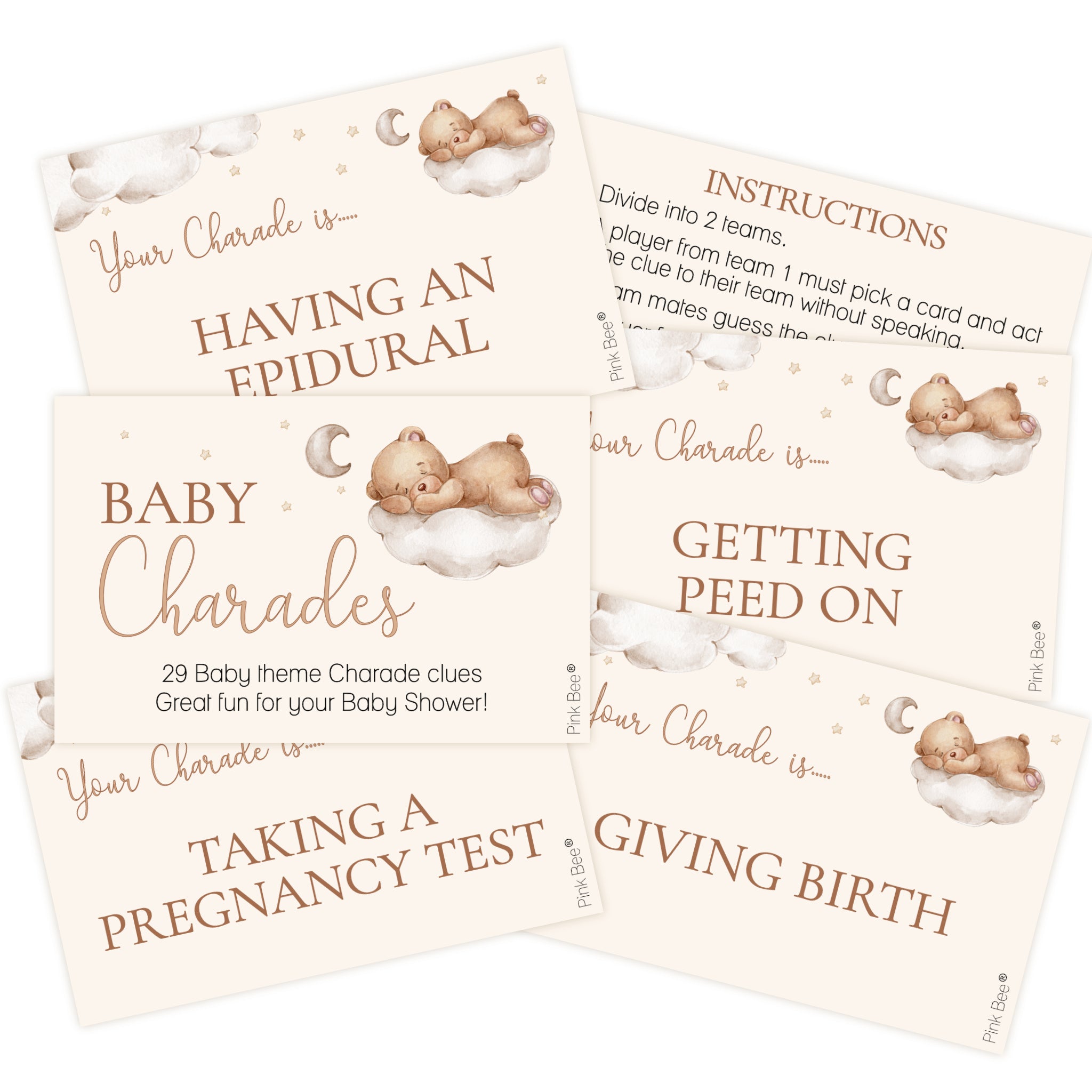 A set of baby shower charades cards with a soft cream background, brown text, and watercolor illustrations of a baby sleeping on a cloud next to a crescent moon. The cards are arranged in an overlapping fan layout on a white background.