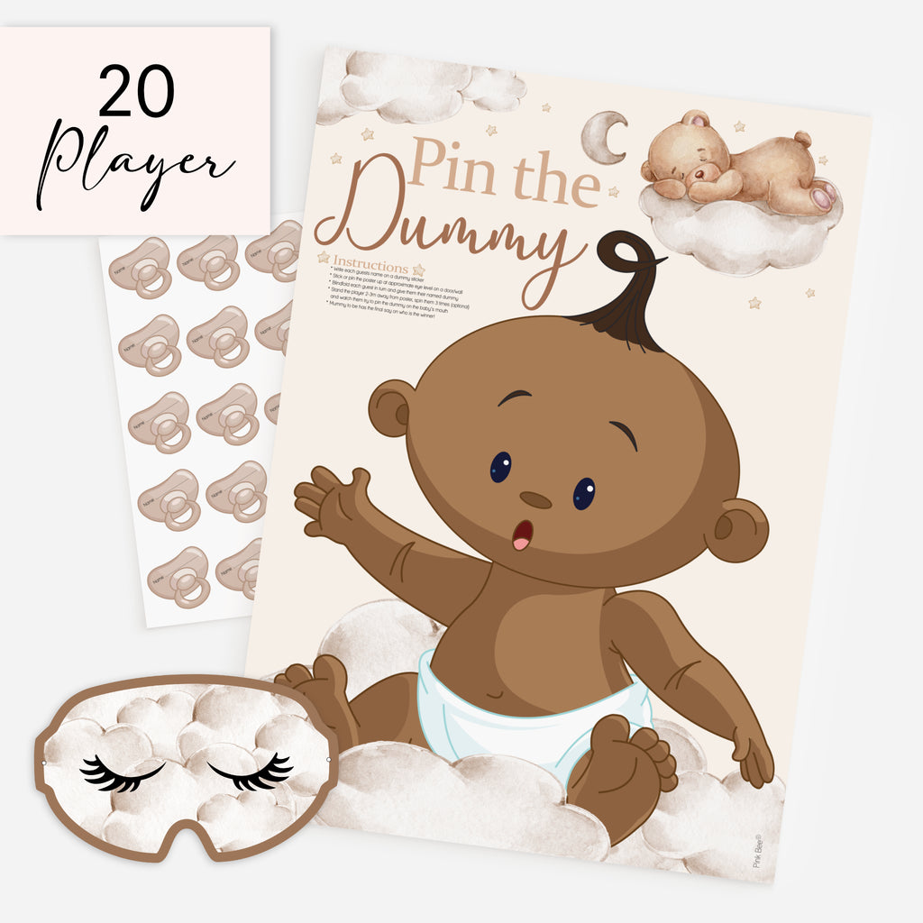 Ethnic teddy bear pin the dummy baby shower game 20 player pack with A2 poster, dummy stickers and matching blindfold.