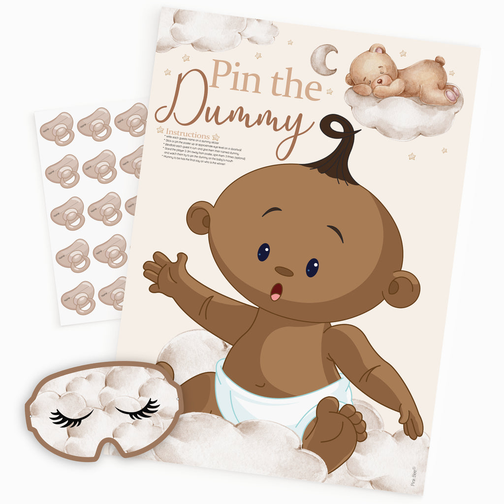 Ethnic teddy bear pin the dummy baby shower game contents showing A2 poster, dummy stickers and card blindfold.