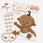 Ethnic teddy bear pin the dummy baby shower game 40 player pack with two sheets of dummy stickers and blindfold.