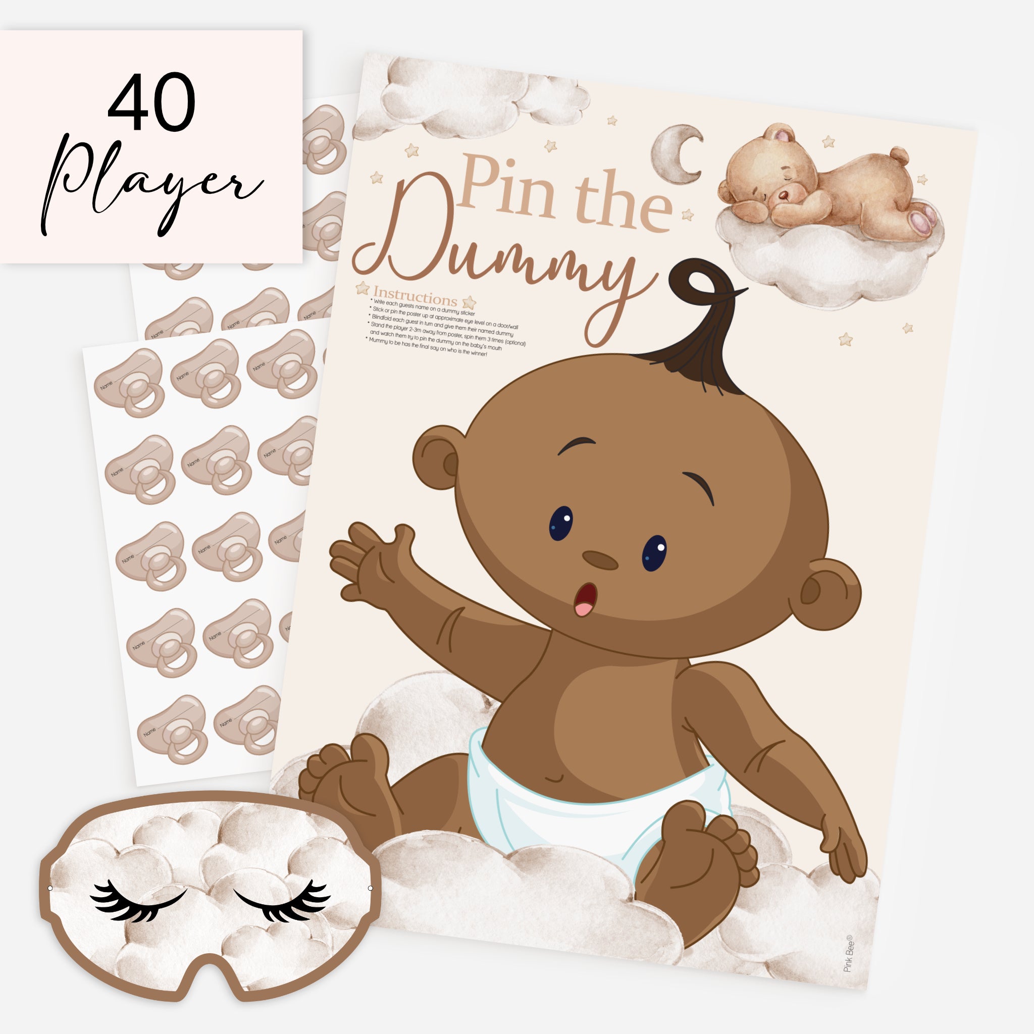 Ethnic teddy bear pin the dummy baby shower game 40 player pack with two sheets of dummy stickers and blindfold.
