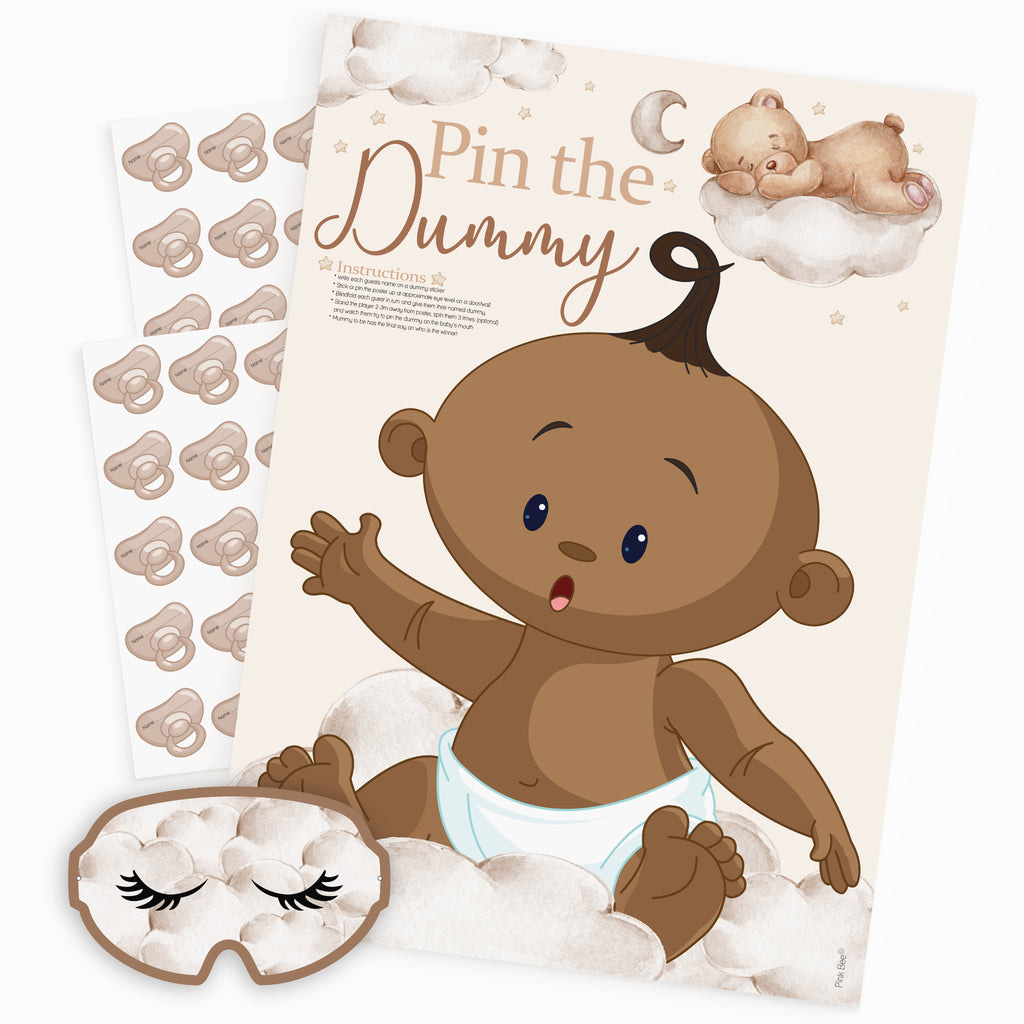 Ethnic teddy bear pin the dummy baby shower game pack showing A2 poster, 40 dummy stickers and matching blindfold.