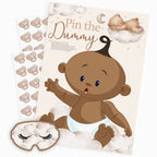 Ethnic teddy bear pin the dummy baby shower game pack showing A2 poster, 40 dummy stickers and matching blindfold.