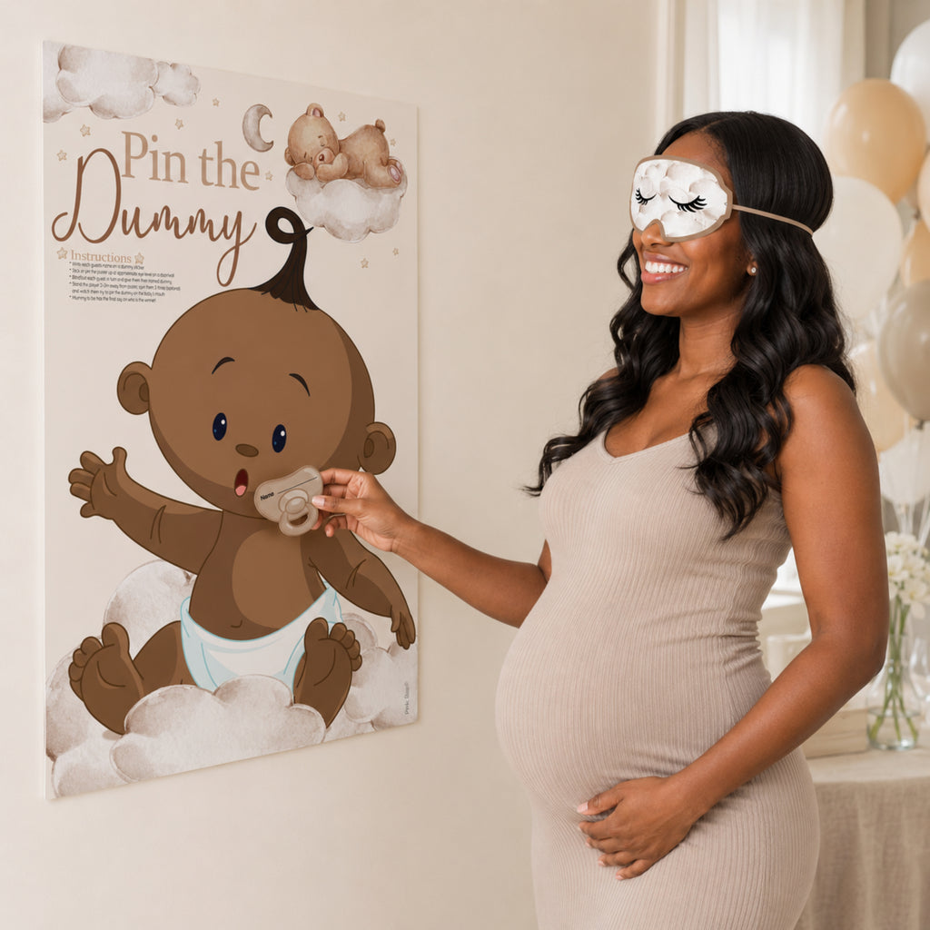 Pregnant woman playing the Ethnic Teddy Bear Pin the Dummy baby shower game while wearing the included blindfold.