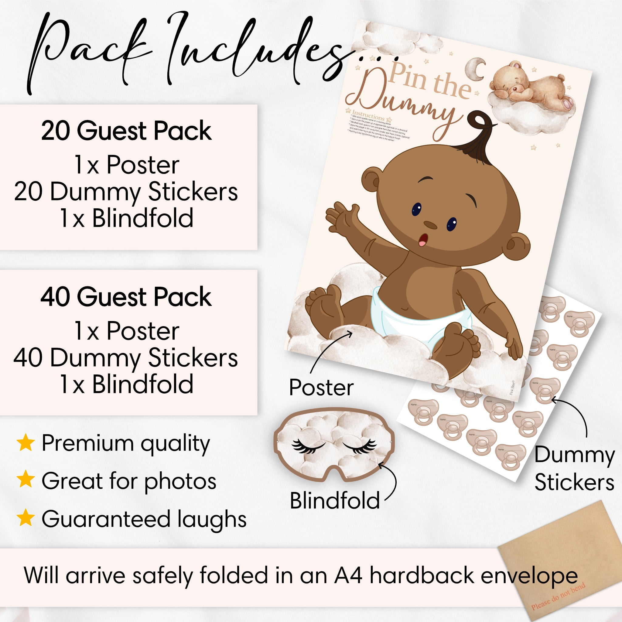 Pack contents for the Ethnic Teddy Bear Pin the Dummy baby shower game showing 20 and 40 player options, blindfold and dummy stickers.