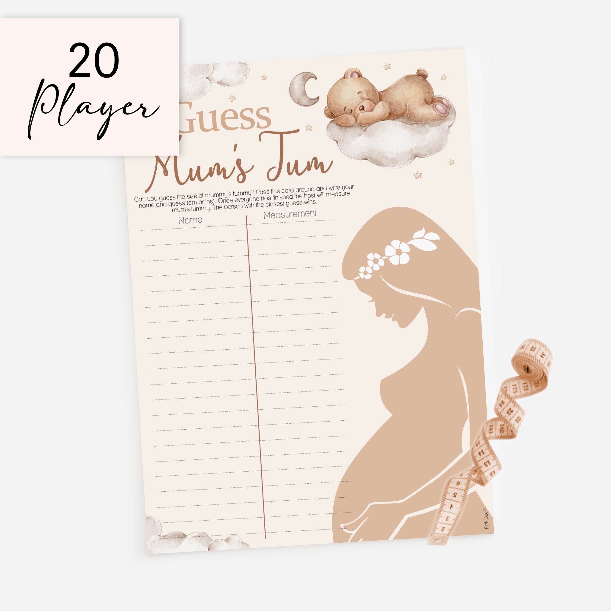 Teddy Bear Guess Mum's Tum baby shower game 20 player pack with included tape measure.