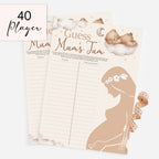 Teddy Bear Guess Mum's Tum baby shower game 40 player pack showing two A4 answer sheets.