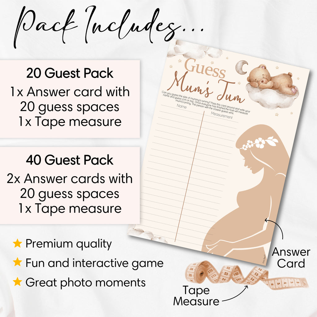 Pack contents for Teddy Bear Guess Mum's Tum baby shower game including A4 answer sheet and 2 metre tape measure.