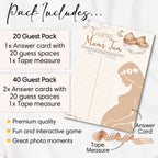Pack contents for Teddy Bear Guess Mum's Tum baby shower game including A4 answer sheet and 2 metre tape measure.