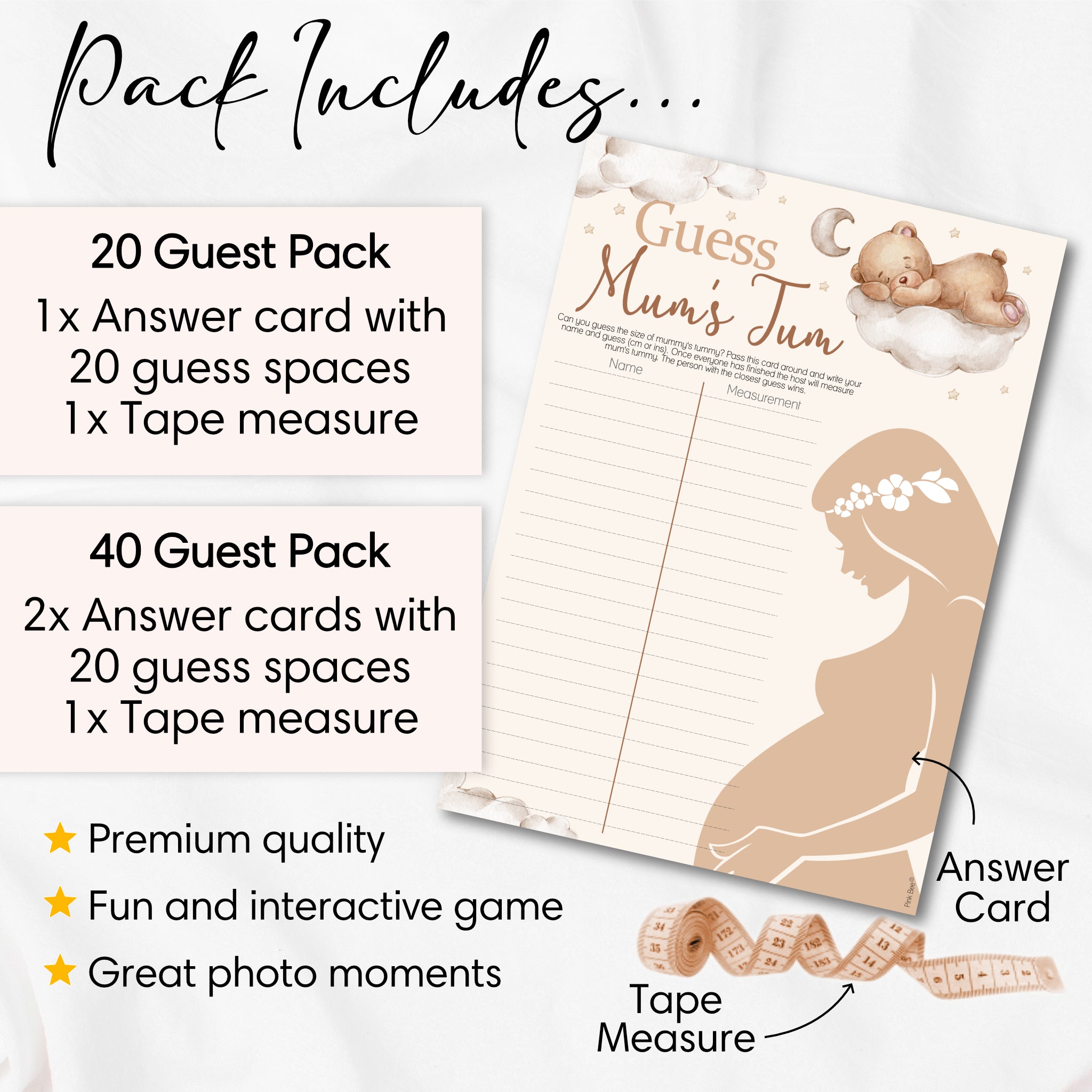Pack contents for Teddy Bear Guess Mum's Tum baby shower game including A4 answer sheet and 2 metre tape measure.
