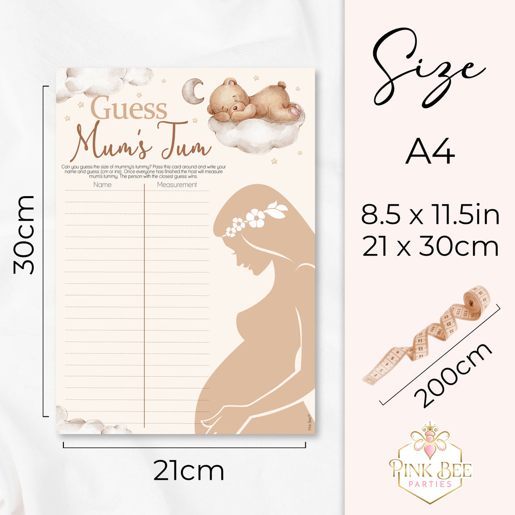 Size guide for Teddy Bear Guess Mum's Tum baby shower game showing A4 dimensions and included 2 metre tape measure.